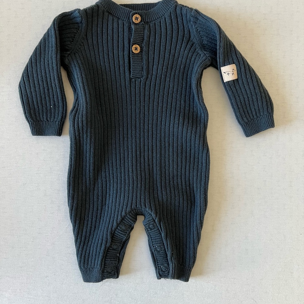 Cozy Navy Blue Ribbed Knit Baby Onesie